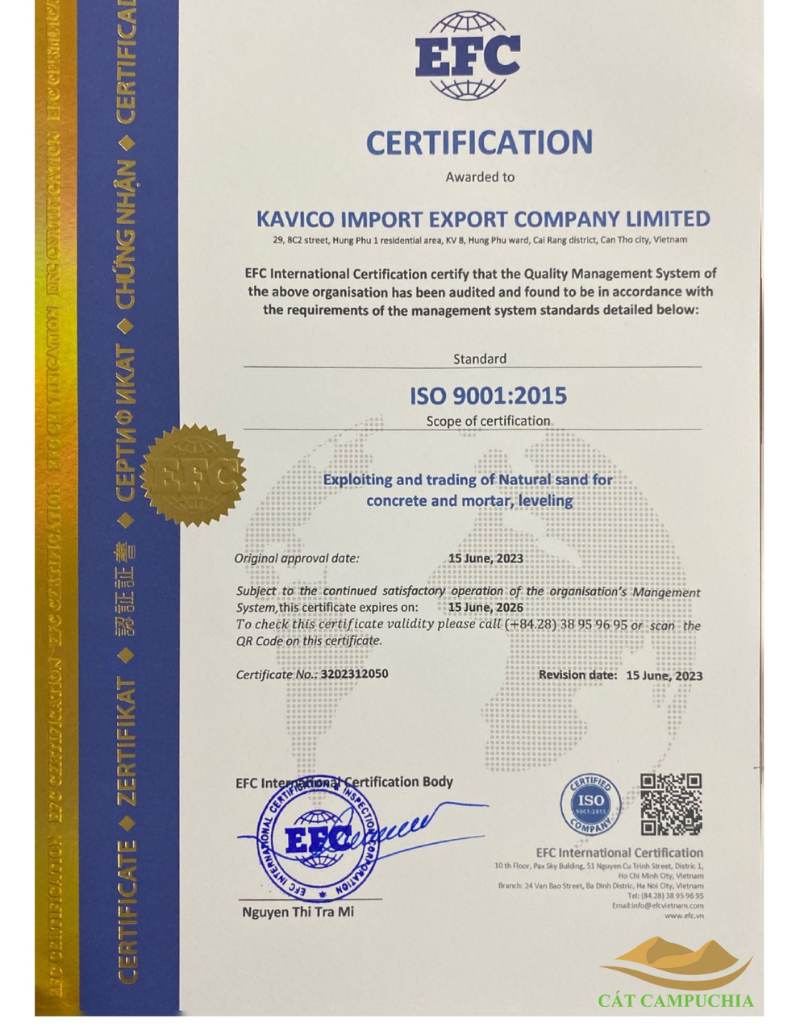 Giấy chứng nhận ISO EFC chất lượng cát campuchia của công ty Kavico